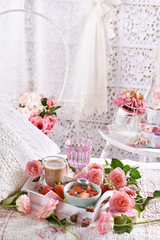 healthy and diet breakfast in bed in romantic style