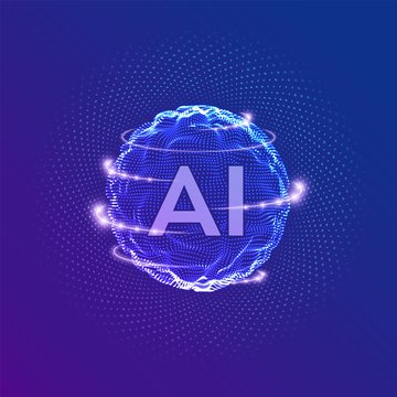 AI. Artificial Intelligence Logo. Artificial Intelligence and Machine Learning Concept. Sphere grid wave with binary code. Big data innovation technology. Neural networks. Vector illustration.