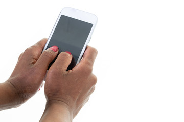 African american woman holding a tactile mobile smartphone blank empty screen in copy space white background
