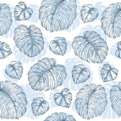 Minimalist tropical monstera leaves seamless pattern. Jungle background. Vector illustration
