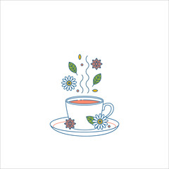 Cup of tea with leaves, camomile, and spice. Flat line. Vector illustration