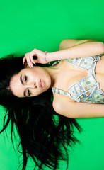 Naklejka premium investment in yourself. business success. money girl in erotic lingerie. Long hair. sexy woman in summer swimsuit. body trade. illegal business. dollar bikini fashion. perfect body. Erotic lingerie