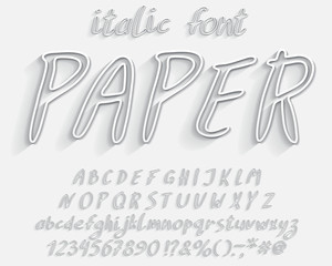 Italic 3D Alphabet. Vector hand drawn with paintbrush font, paper cut effect. Decorative typeface for modern design. Uppercase and lowercase English letters, numbers