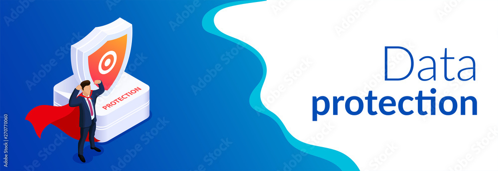 Poster protection concept. man with super abilities or a hero is standing next to a shield. protection of d