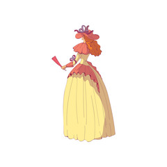 Woman in an old-fashioned dress and a hat with a fan in her hands. Vector illustration on white background.