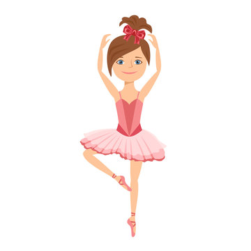 Young ballerina in pink dress isolated on white background. Cute girl dancing. Vector illustration of dancing child in  cartoon simple flat style.