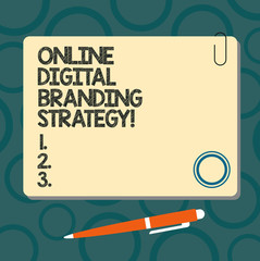 Text sign showing Online Digital Branding Strategy. Conceptual photo Marketing advertising optimization strategy Blank Square Color Board with Magnet Click Ballpoint Pen Pushpin and Clip