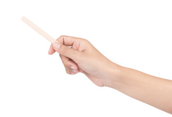 hand holding Wooden ice cream stick isolated on white background