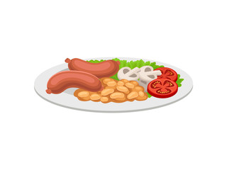 Sausages with beans and vegetables on the plate. Vector illustration on white background.