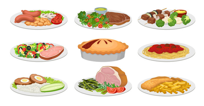 Set of images of ready meals. Vector illustration on white background.
