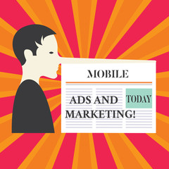Writing note showing Mobile Ads And Marketing. Business photo showcasing Online advertising social media digital promotions Man with a Very Long Nose like Pinocchio a Blank Newspaper is attached
