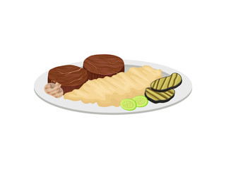 Mashed potatoes with meat and vegetables. Vector illustration on white background.