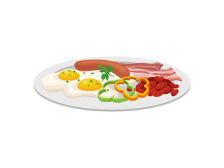 Sausage with fried eggs and bacon. Vector illustration on white background.
