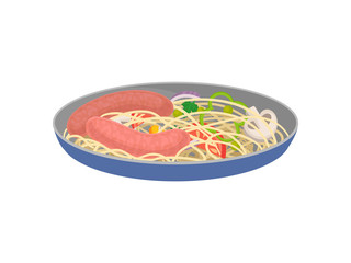 Sausage with spaghetti and vegetables. Vector illustration on white background.