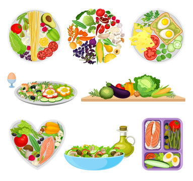 Set of images of plates with different foods. Vector illustration on white background.