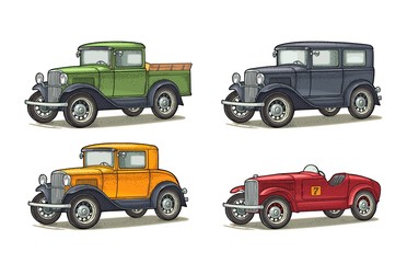 Retro car sedan, coupe, roadster and pickup truck. Vintage engraving - obrazy, fototapety, plakaty