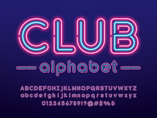 Glowing neon light alphabet design with uppercase, lowercase, numbers and symbol