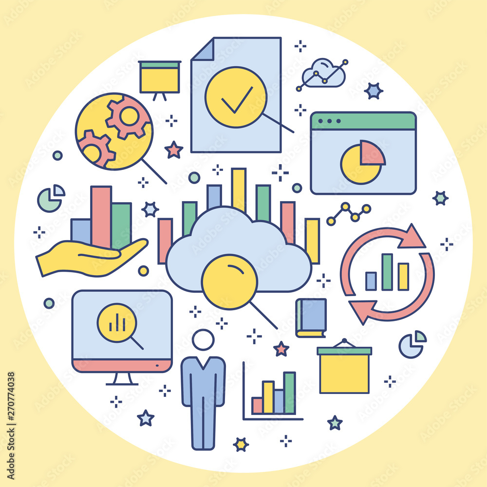 Poster data analysis circle template flat icons for interface, print.