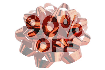 Symbolically highlighted text 90% off against the background of a red gift loop