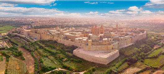 Old castle Mdina cathedral city, Malta. Aerial top view - obrazy, fototapety, plakaty