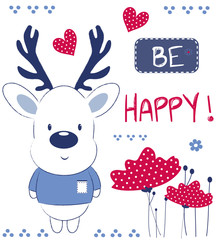 Cute baby moose wants happiness. Children's printing for children, poster, children's clothing, postcard. Vector illustration.