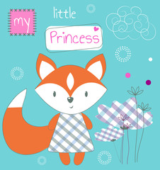 Cute Fox girl on delicate background with flowers. Children's printing for children, poster, children's clothing, postcard. Vector illustration.