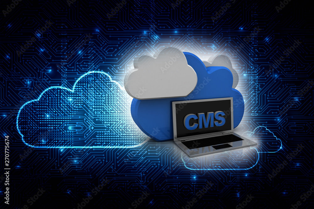 Poster 3d rendering cms cloud with laptop