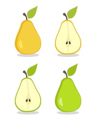 Cartoon pear fruit and pear slices isolated on white background