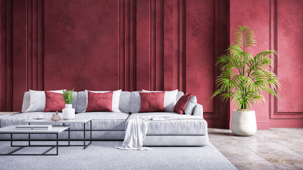Modern vintage living room interior,gray sofa with red  grunge  wall and concrete floor,3d rendering
