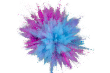 Colored powder explosion. Abstract closeup dust on backdrop. Colorful explode. Paint holi