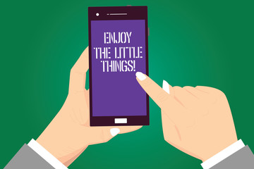 Handwriting text Enjoy The Little Things. Concept meaning Get inspired by simple details from life Motivation Hu analysis Hands Holding Pointing Touching Smartphone Blank Color Screen