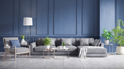 Modern vintage interior of living room, gray sofa with wood armchair and cofee table on concrete floor tiles and dark blue wall,3d rendering