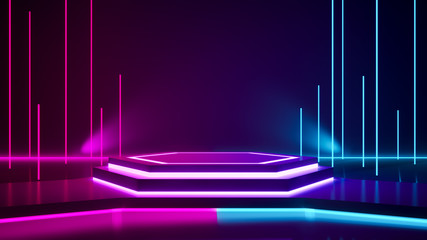 Hexagon stage and purple neon  light ,abstract futuristic  background,ultraviolet  concept,3d render © LEKSTOCK 3D