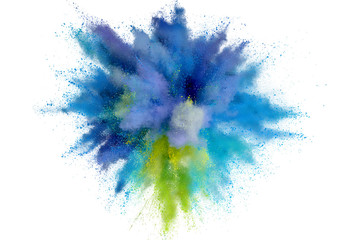 Colored powder explosion. Abstract closeup dust on backdrop. Colorful explode. Paint holi