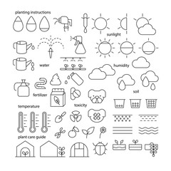 Set of editable stroke Planting Instruction icon set.plant care guide symbol.gardening.garden and plant care.Thin Flat icon design