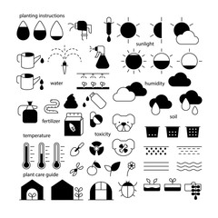 Planting Instruction icon set.plant care guide symbol.gardening.black and white flat design element.garden and plant care