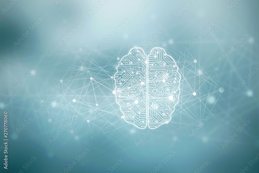 Poster 2d illustration concept of thinking, background with brain, abstract artificial intelligence. techno