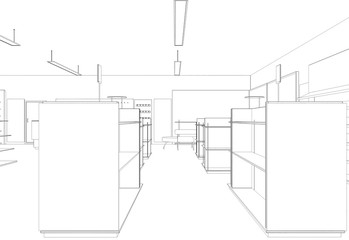 shop, store, contour visualization, 3D illustration, sketch, outline
