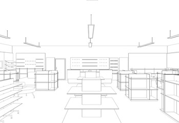 shop, store, contour visualization, 3D illustration, sketch, outline
