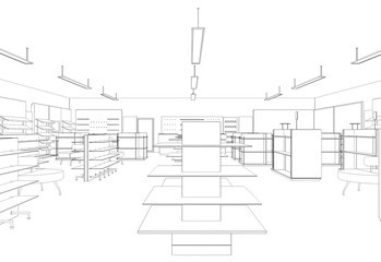 shop, store, contour visualization, 3D illustration, sketch, outline