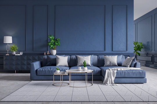 Modern  interior of living room,blue sofa with cofee table on carpet tiles and dark blue wall,3d rendering