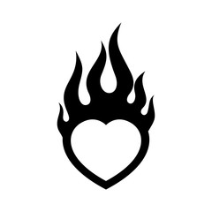 Vector black tattoo heart with flames. Isolated on white background.