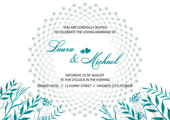 Obraz premium Wedding invitation. Card, template for the invitation. Delicate background, decorative rosette, vector ornament. Leaves, twigs, herbs.