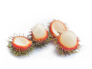 Delicious Red Ripe Rambutan fruits (Nephelium lappaceum) isolated on white background.