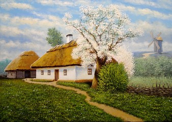 Oil paintings rural landscape, spring, house in the countryside. Old village, fine art.