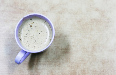 Top view of hot coffee latte cappuccino
