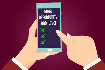 Writing note showing Grab Opportunity And Live. Business photo showcasing Take the chances achieve your goals motivation Hu analysis Hands Holding Pointing Smartphone Blank Color Screen