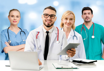 Healthcare people group. Professional doctor working in hospital office or clinic with other...