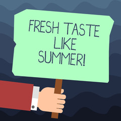 Text sign showing Fresh Taste Like Summer. Conceptual photo Good flavor similar to sunny season of the year Hu analysis Hand Holding Blank Colored Placard with Stick photo Text Space