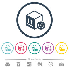 One day package delivery flat color icons in round outlines